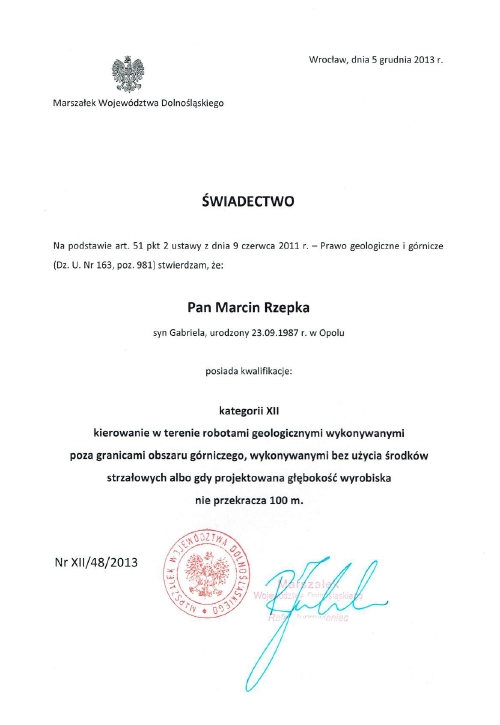 uprawnienia Marcin Rzepka-kategoria XII